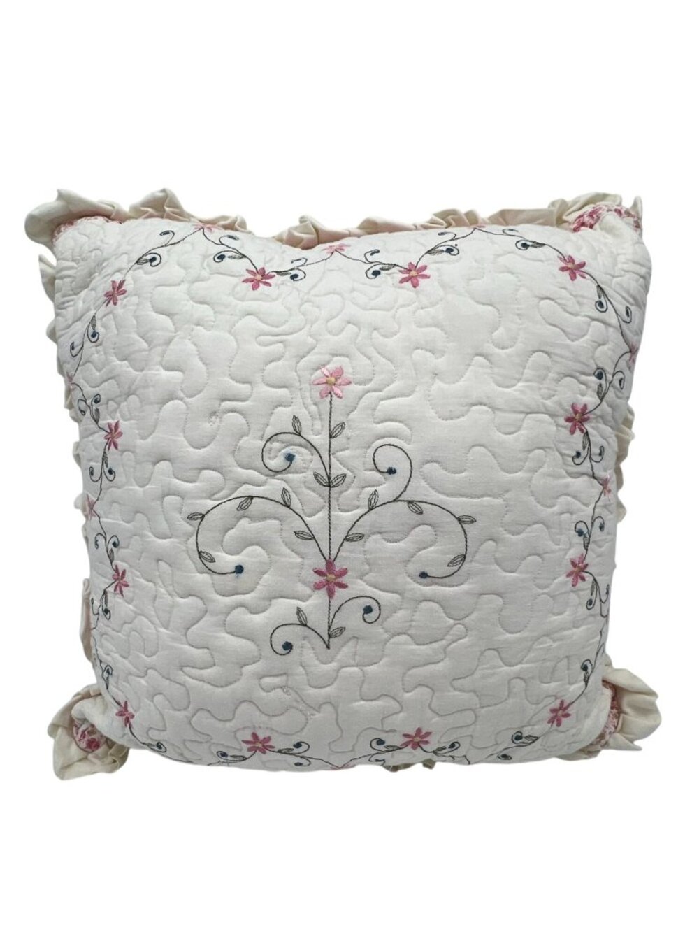Handmade Quilted Embroidered Floral Throw Pillow Ruffled Trim Cottagecore Boho
